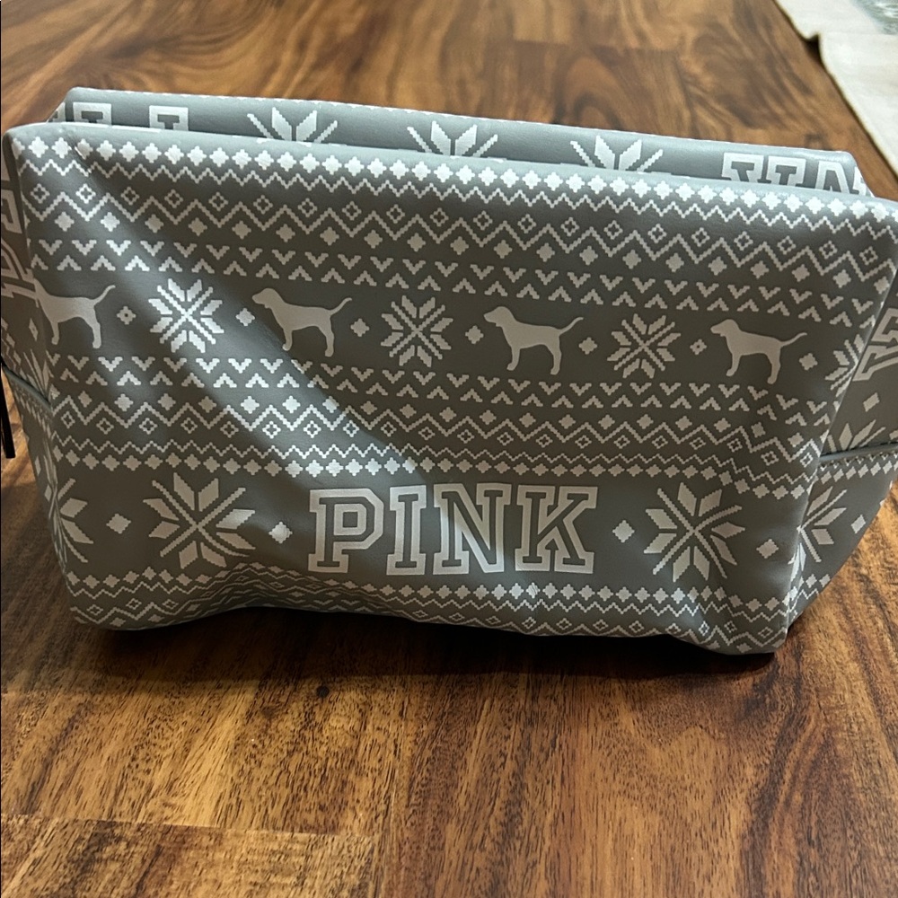 PINK Victoria's Secret Festive Gray Cosmetic Bag